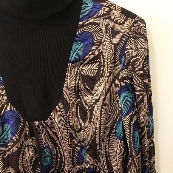Etcetera silk spandex peacock print turtle neck long sleeve top - Picture 6 of 14